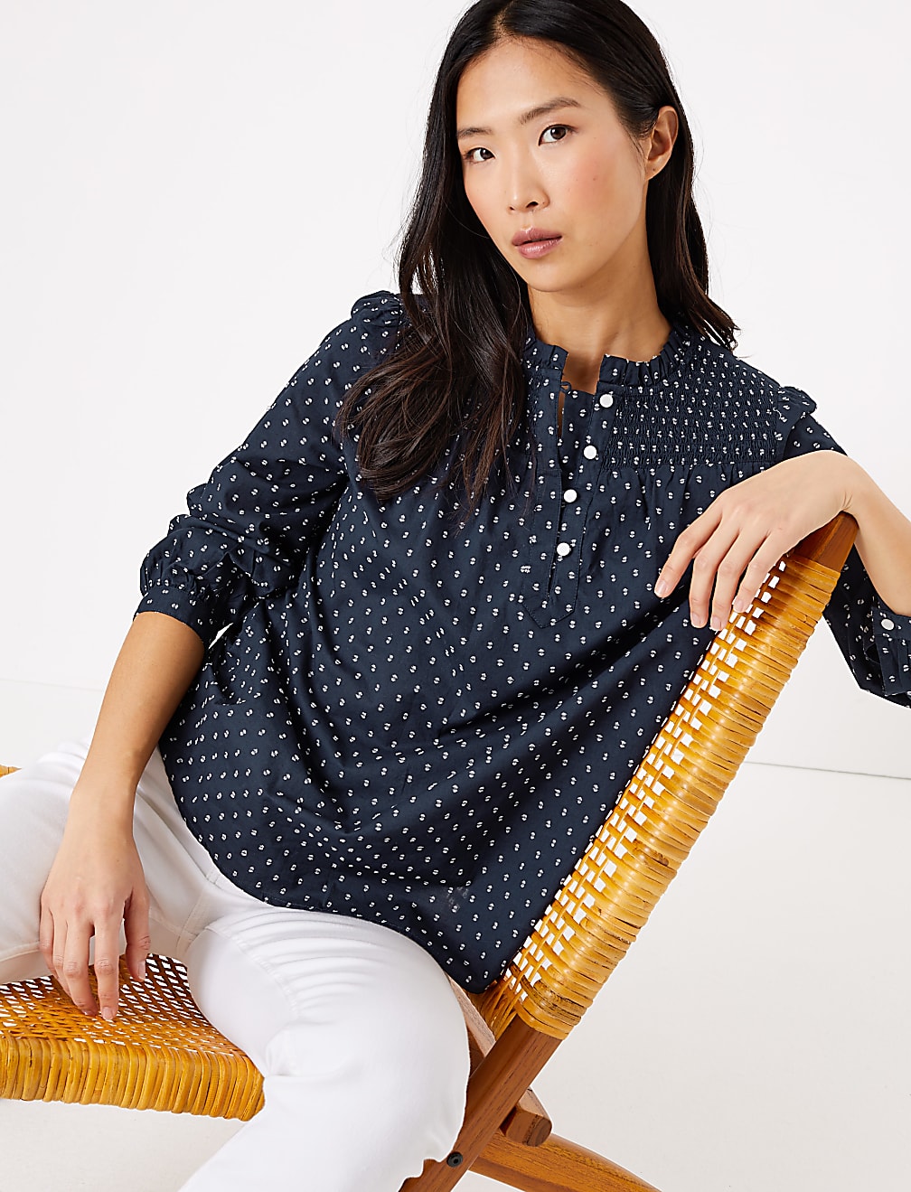 Cotton Rich Frill Neck Long Sleeve Blouse