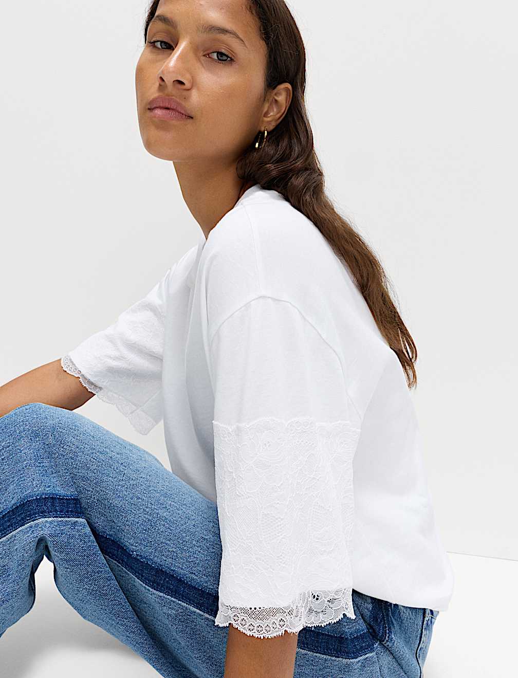 Pure Cotton Lace Sleeve T-Shirt