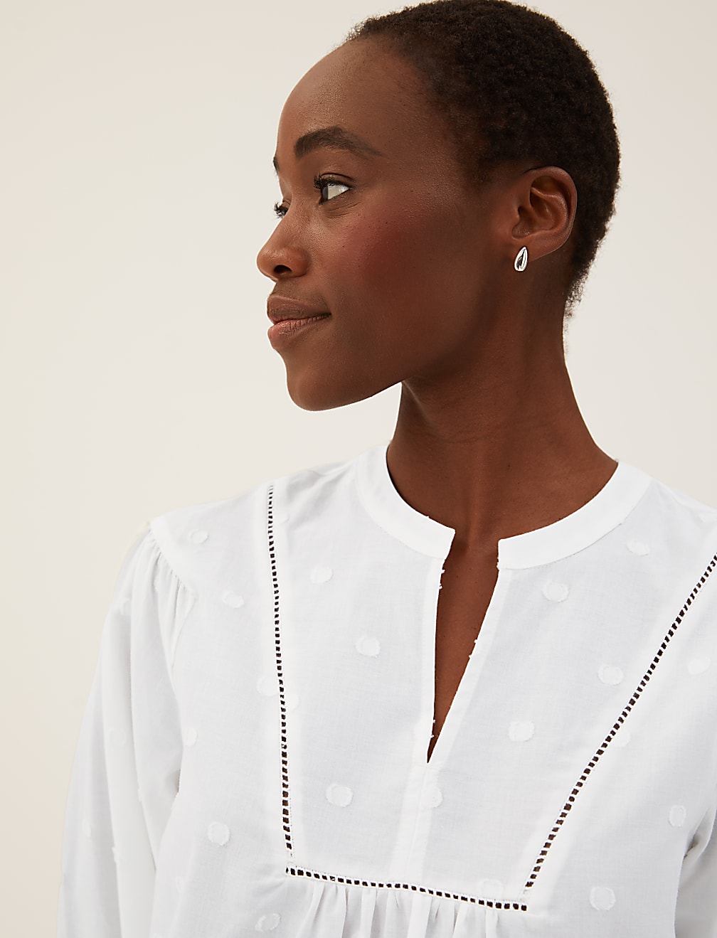 Pure Cotton V-Neck Blouson Sleeve Blouse