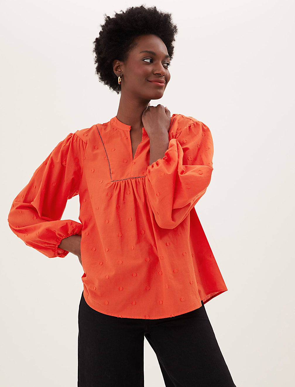 Pure Cotton V-Neck Blouson Sleeve Blouse