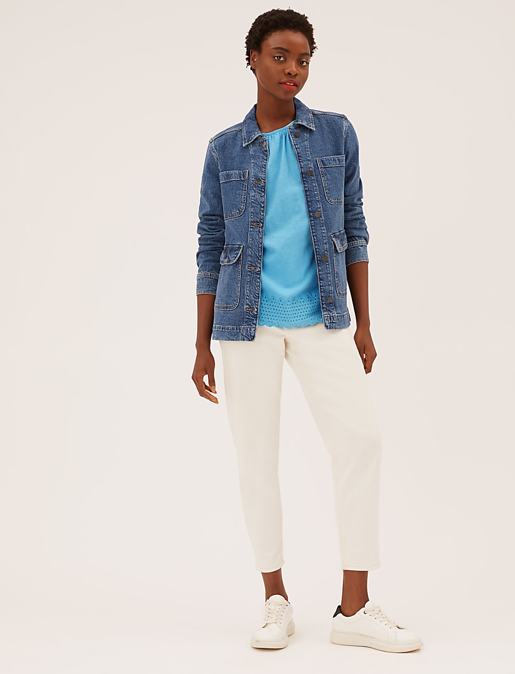 Pure Cotton Broderie Detail Crew Neck Top