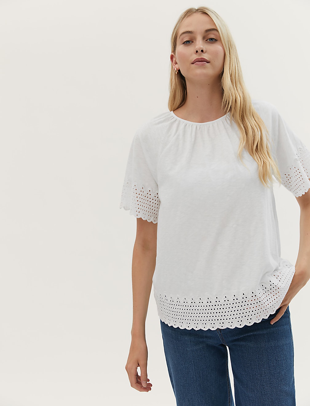 Pure Cotton Broderie Detail Crew Neck Top