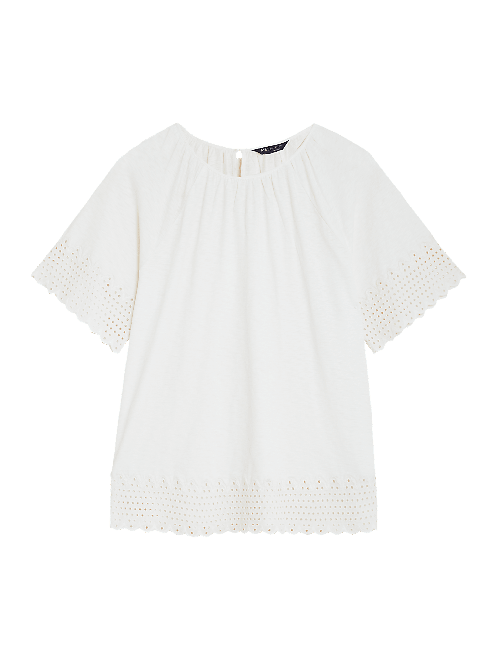 Pure Cotton Broderie Detail Crew Neck Top