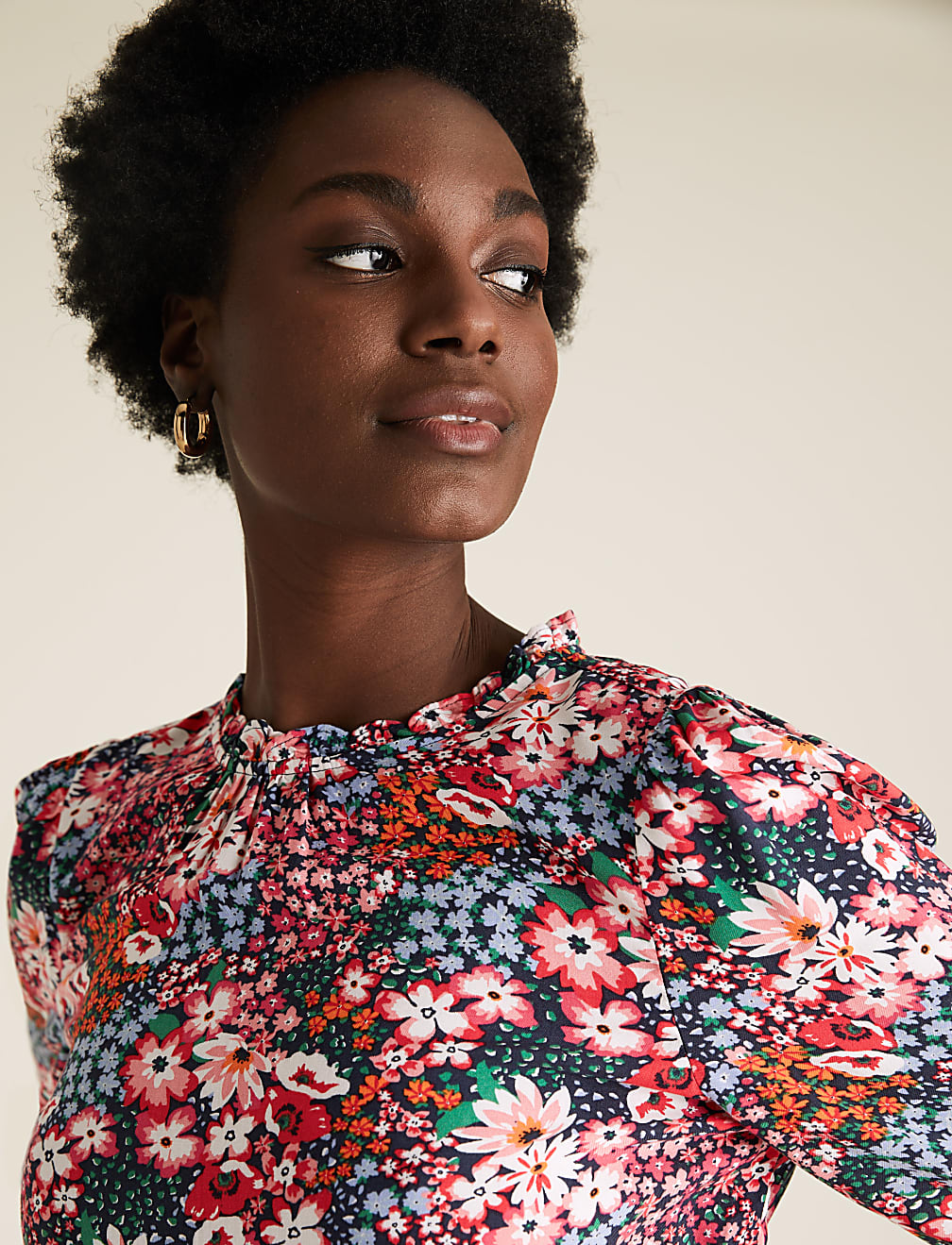 Floral Frill Neck Long Sleeve Top