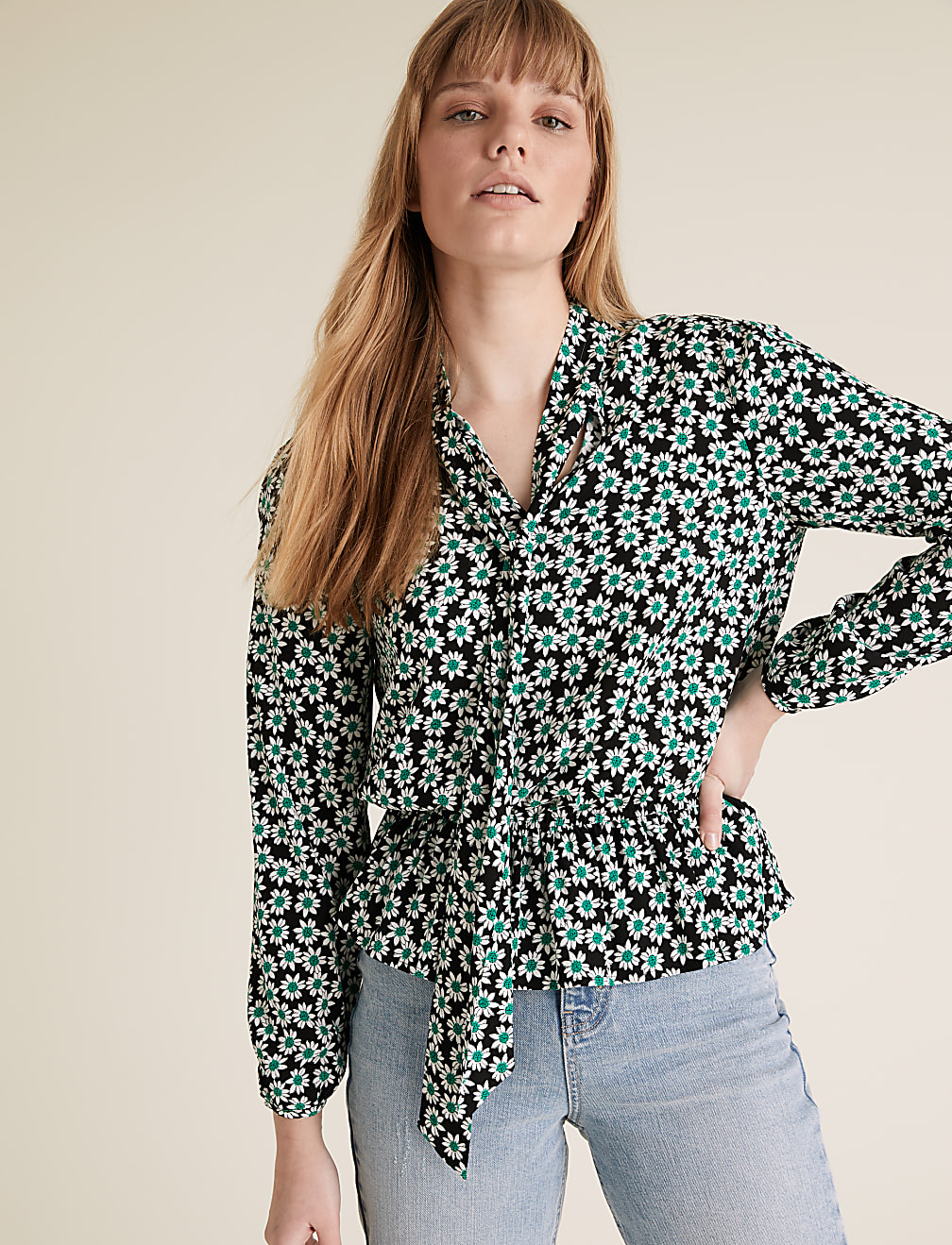 Floral Tie Neck Long Sleeve Peplum Top