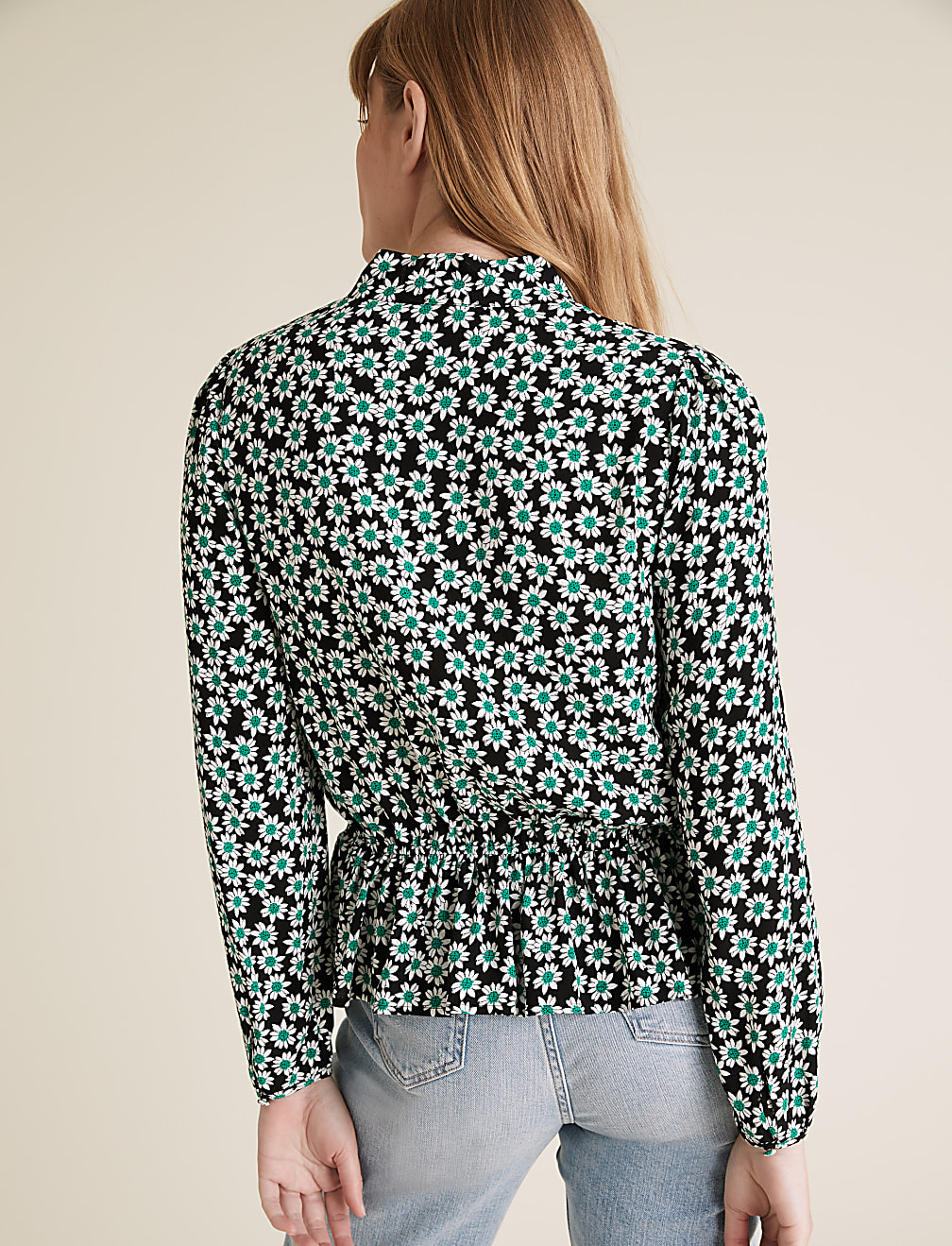 Floral Tie Neck Long Sleeve Peplum Top