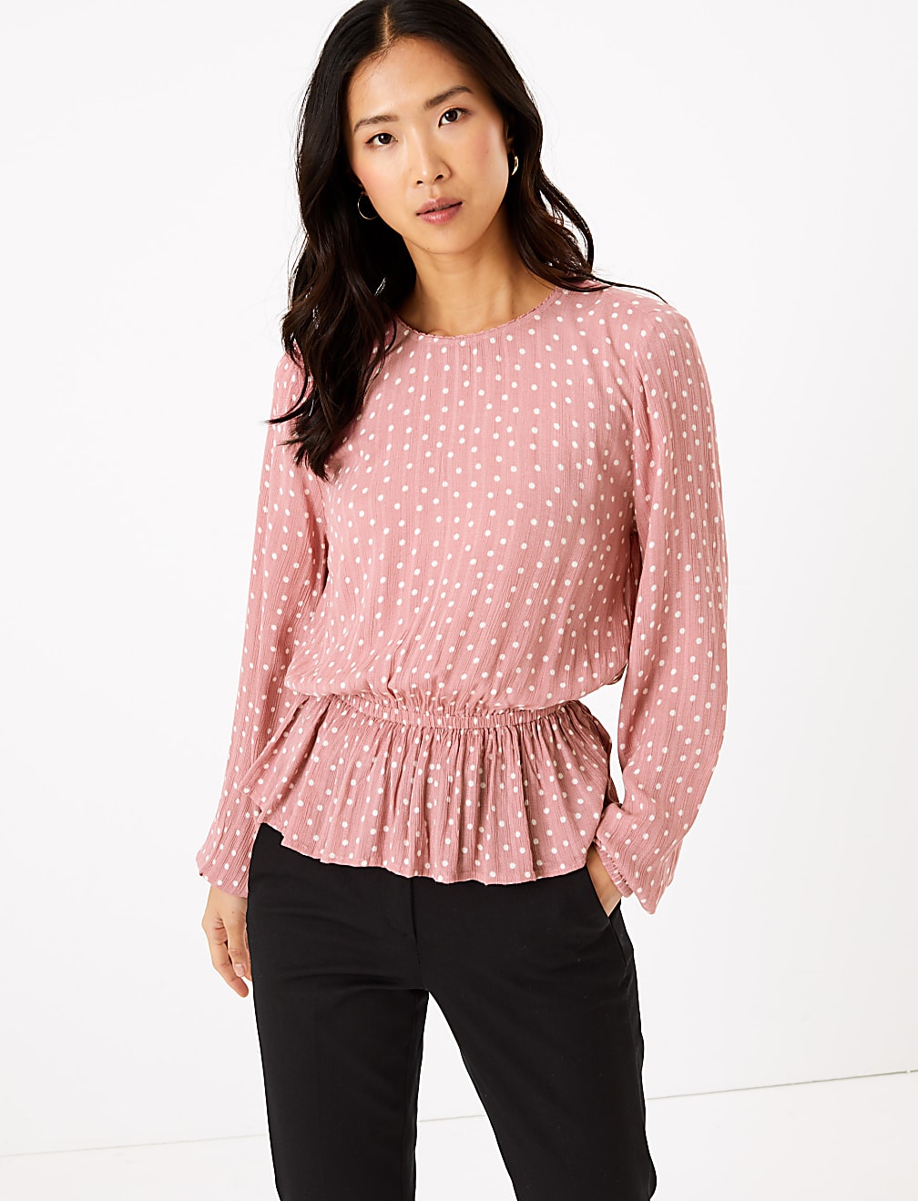 Polka Dot Waisted Long Sleeve Blouse