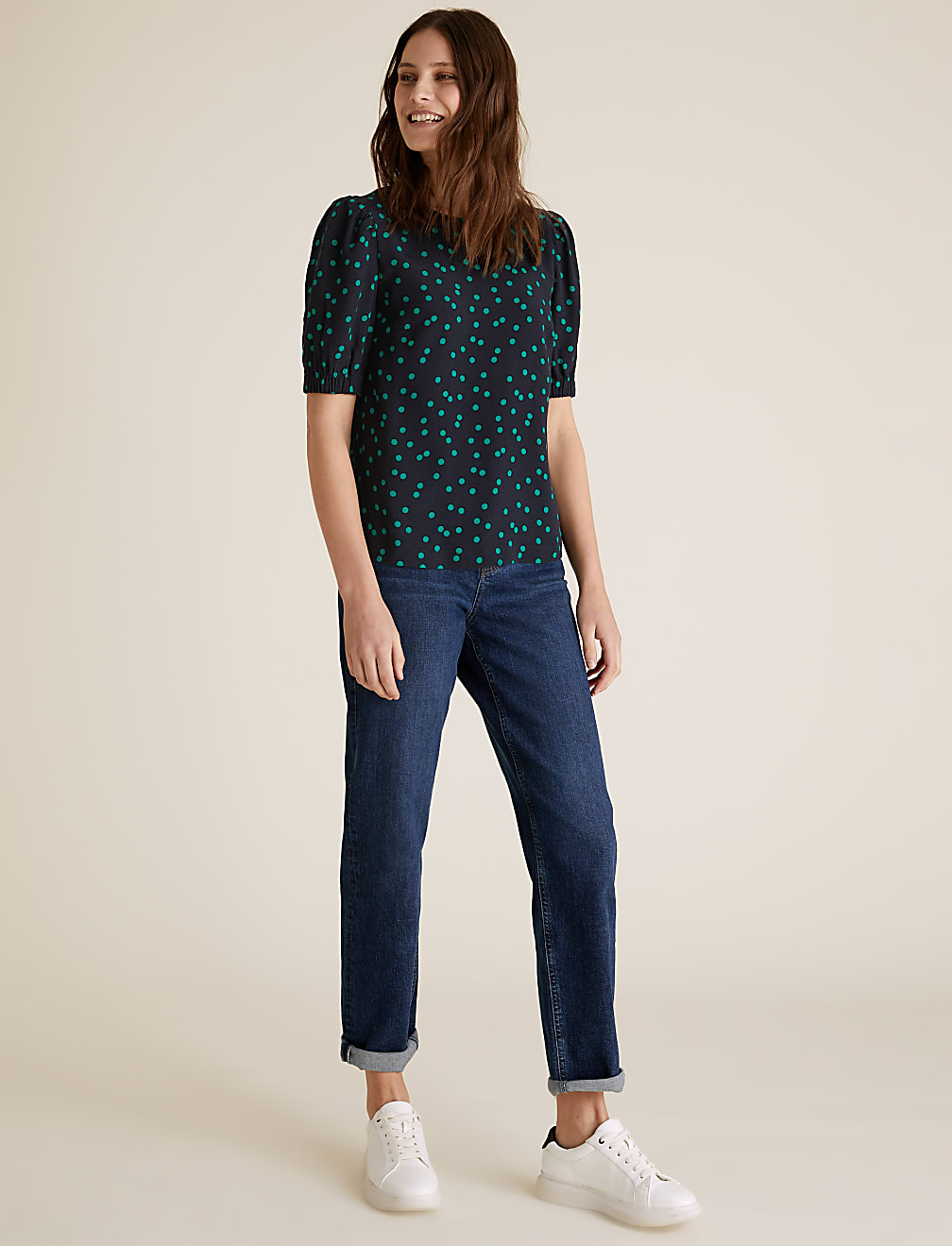 Polka Dot Round Neck Puff Sleeve Top