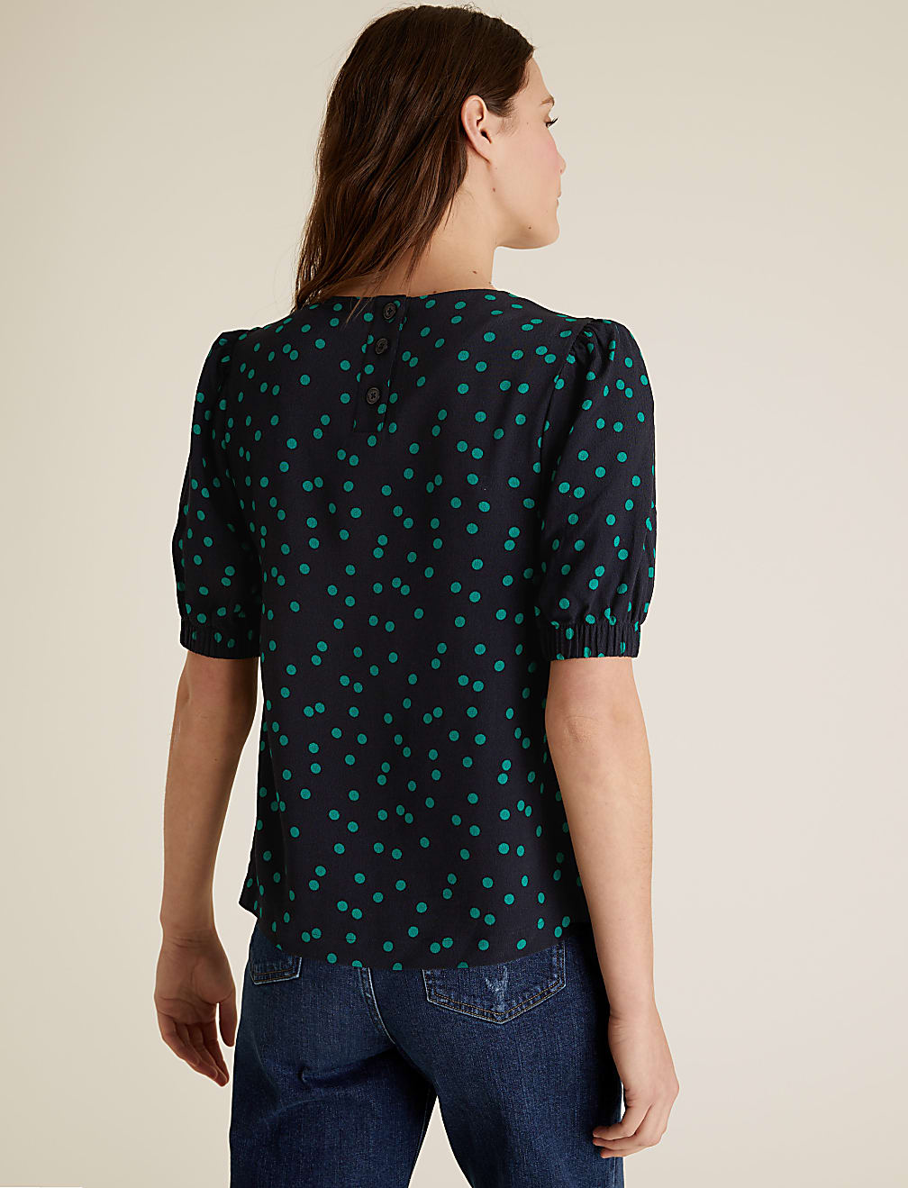 Polka Dot Round Neck Puff Sleeve Top