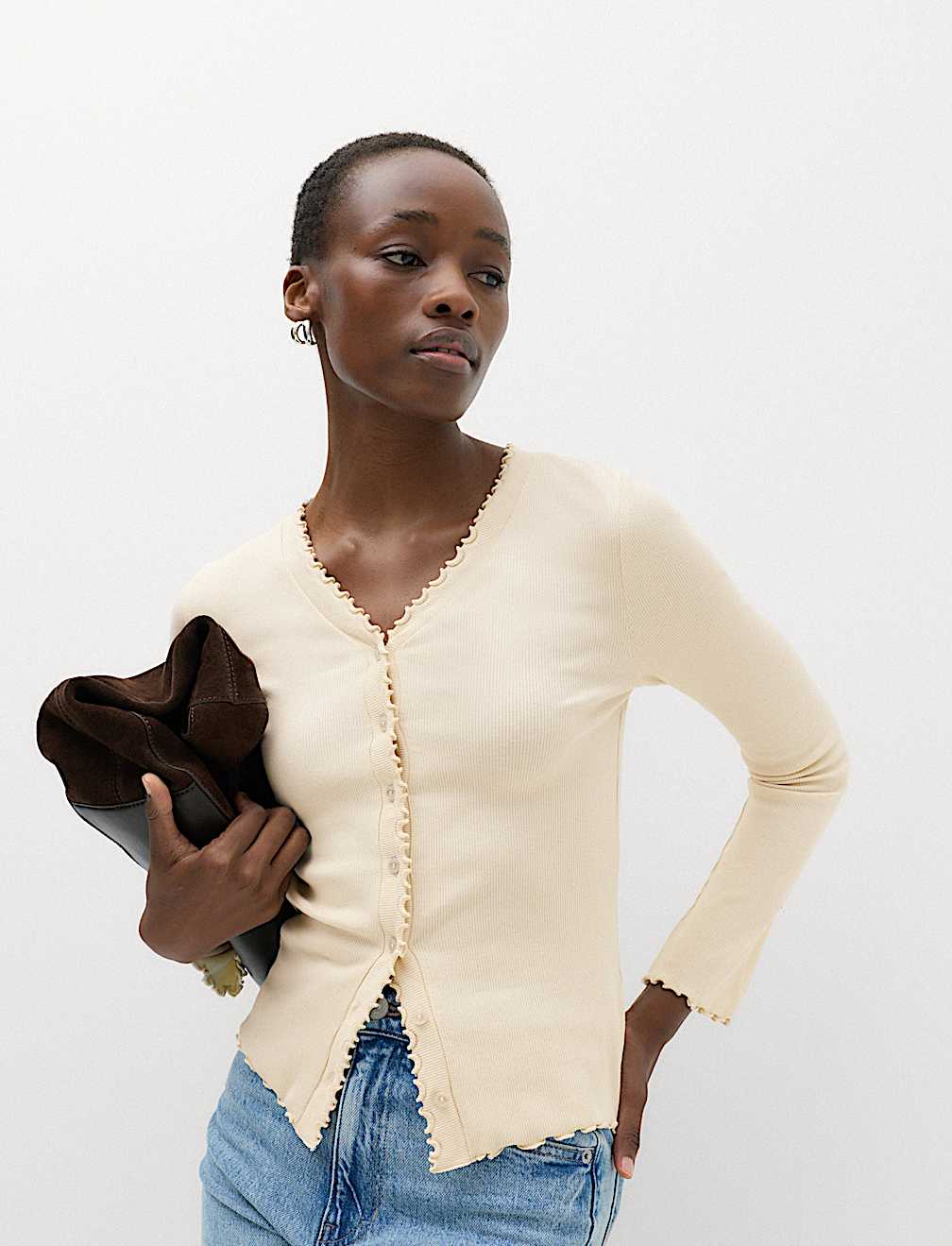 Cotton Rich V-Neck Buttoned Top