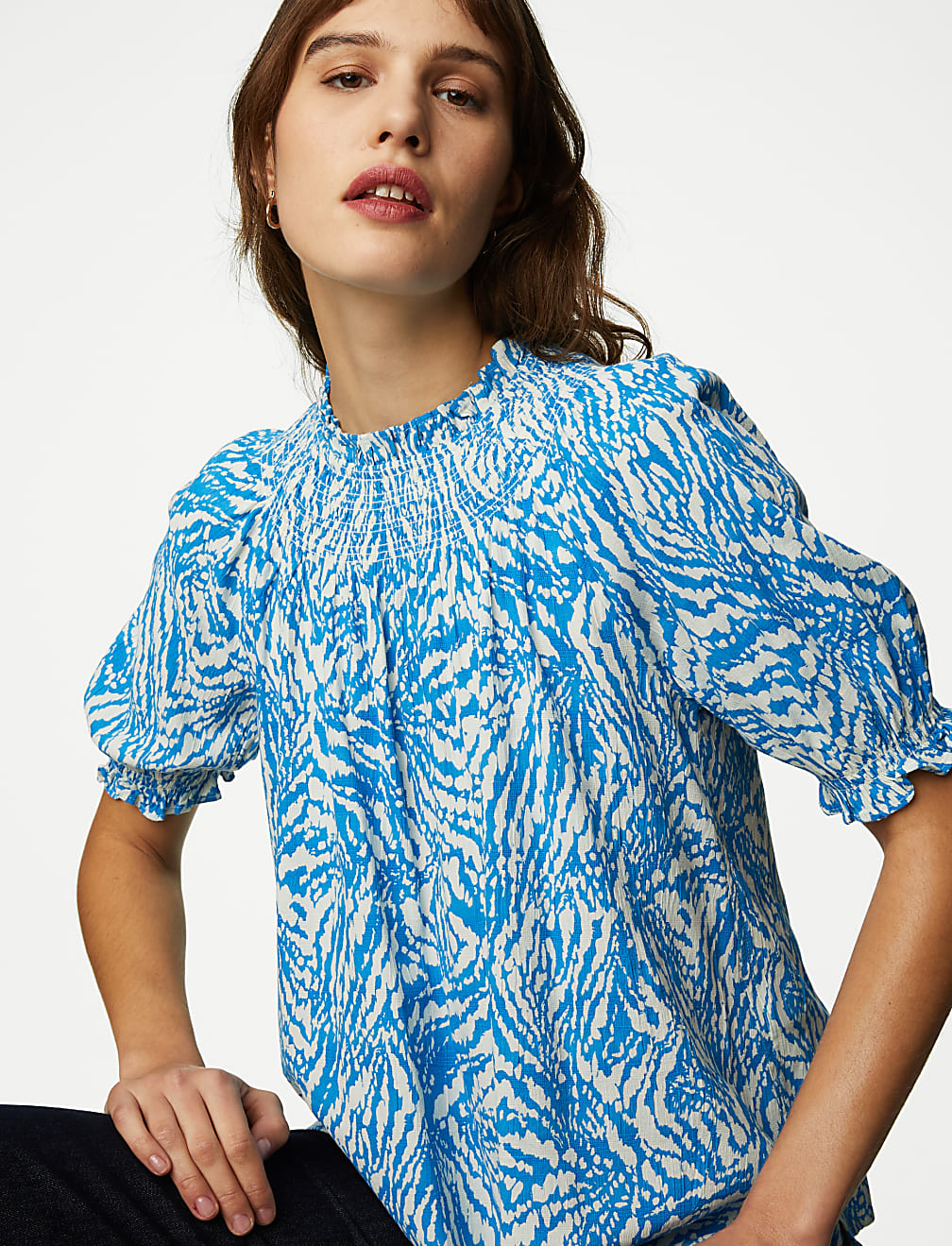 Cotton Blend Printed Smocked Blouse