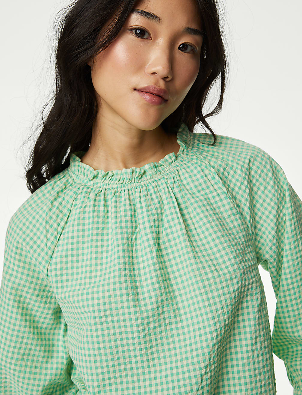 Gingham ruffle sleeve top new arrivals