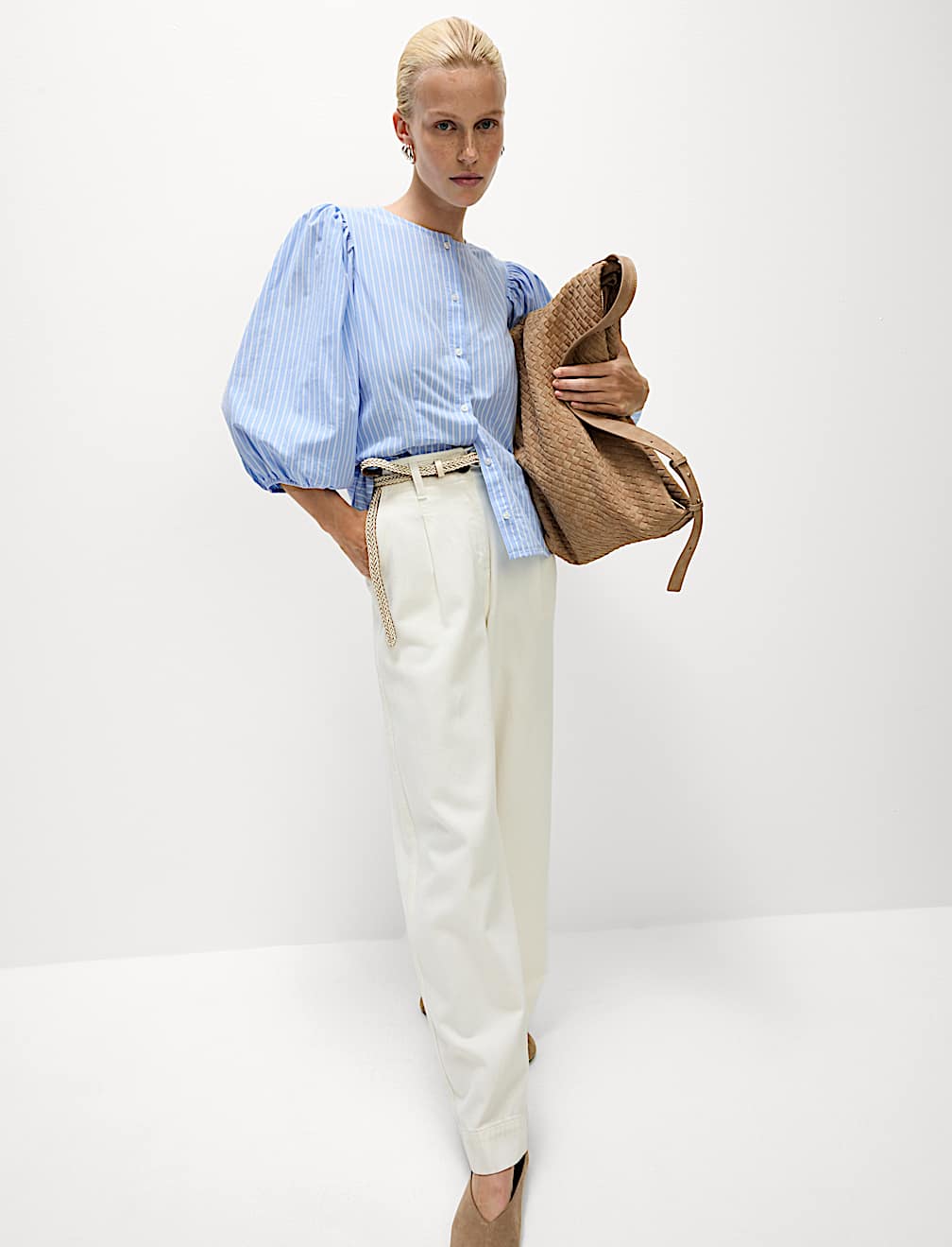 Pure Cotton Puff Sleeve Button Through Blouse