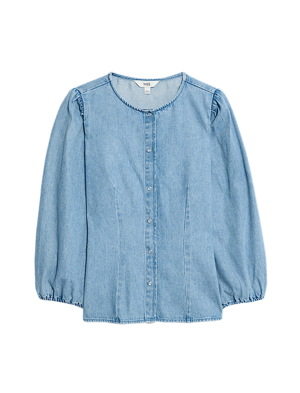 Denim Button Through Puff Sleeve Blouse