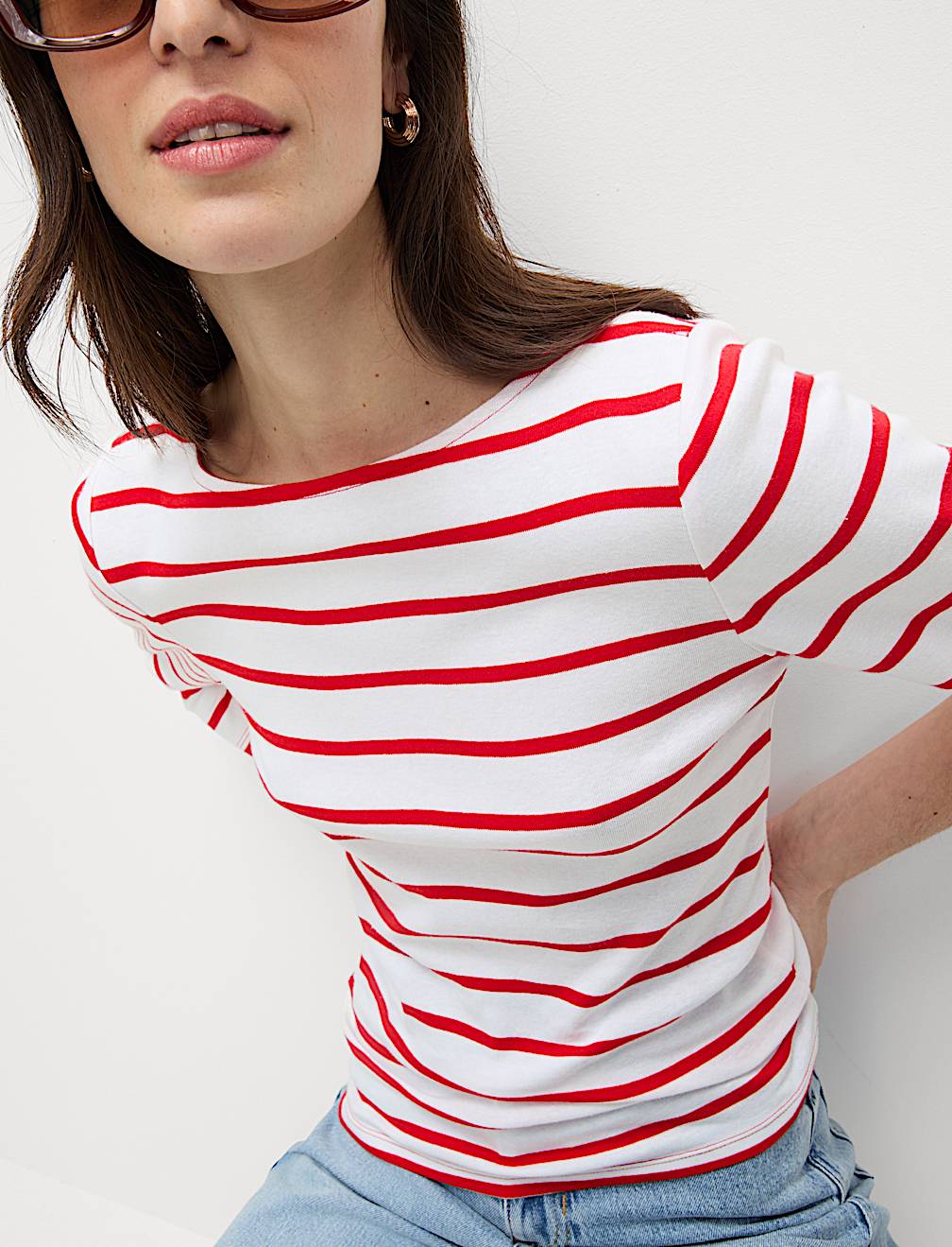 Pure Cotton Striped Slash Neck Slim Fit Top
