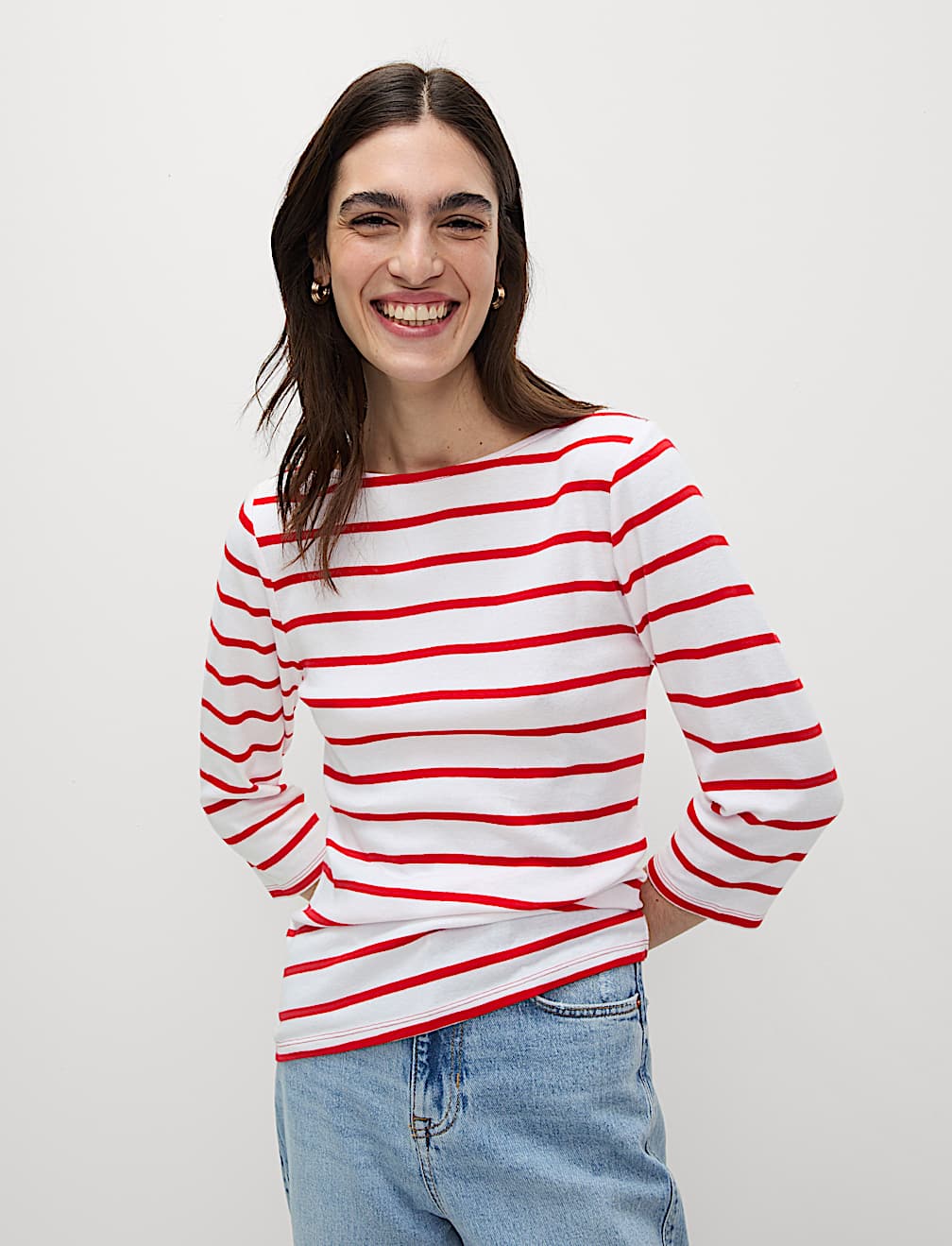 Pure Cotton Striped Slash Neck Slim Fit Top