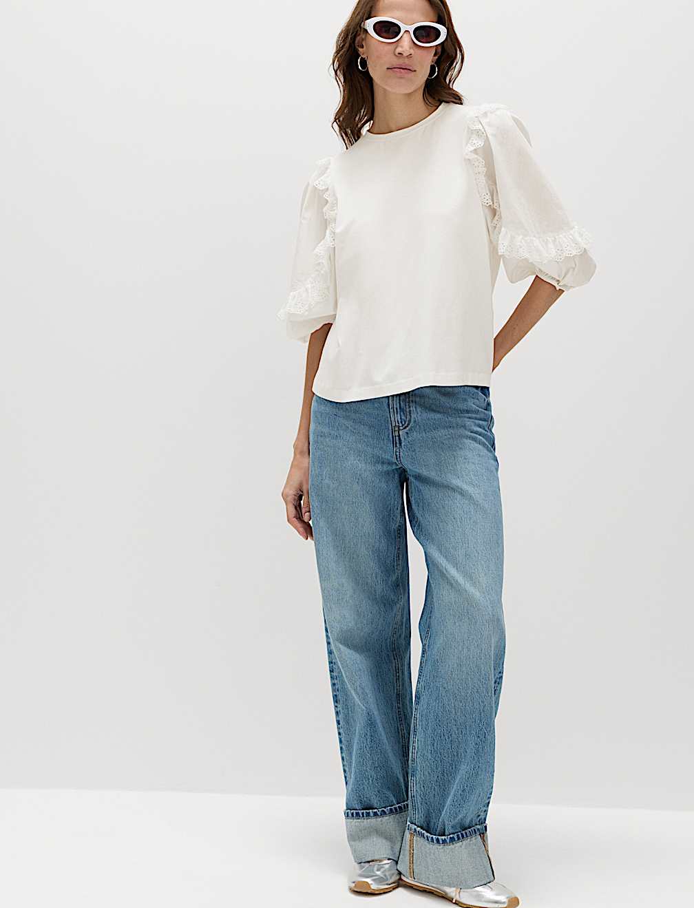 Cotton Rich Ruffle Sleeve Top