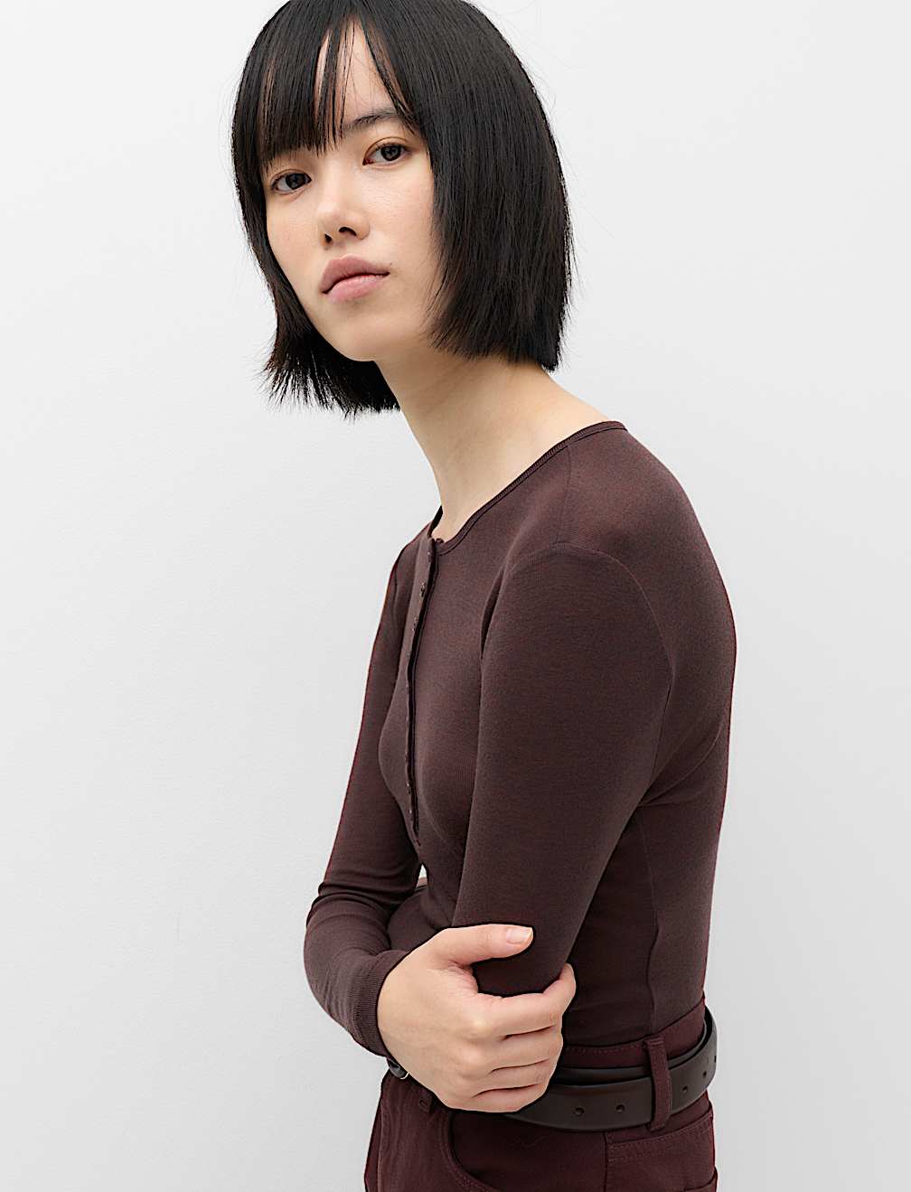 Wool Touch Semi Sheer Layering  Henley Top