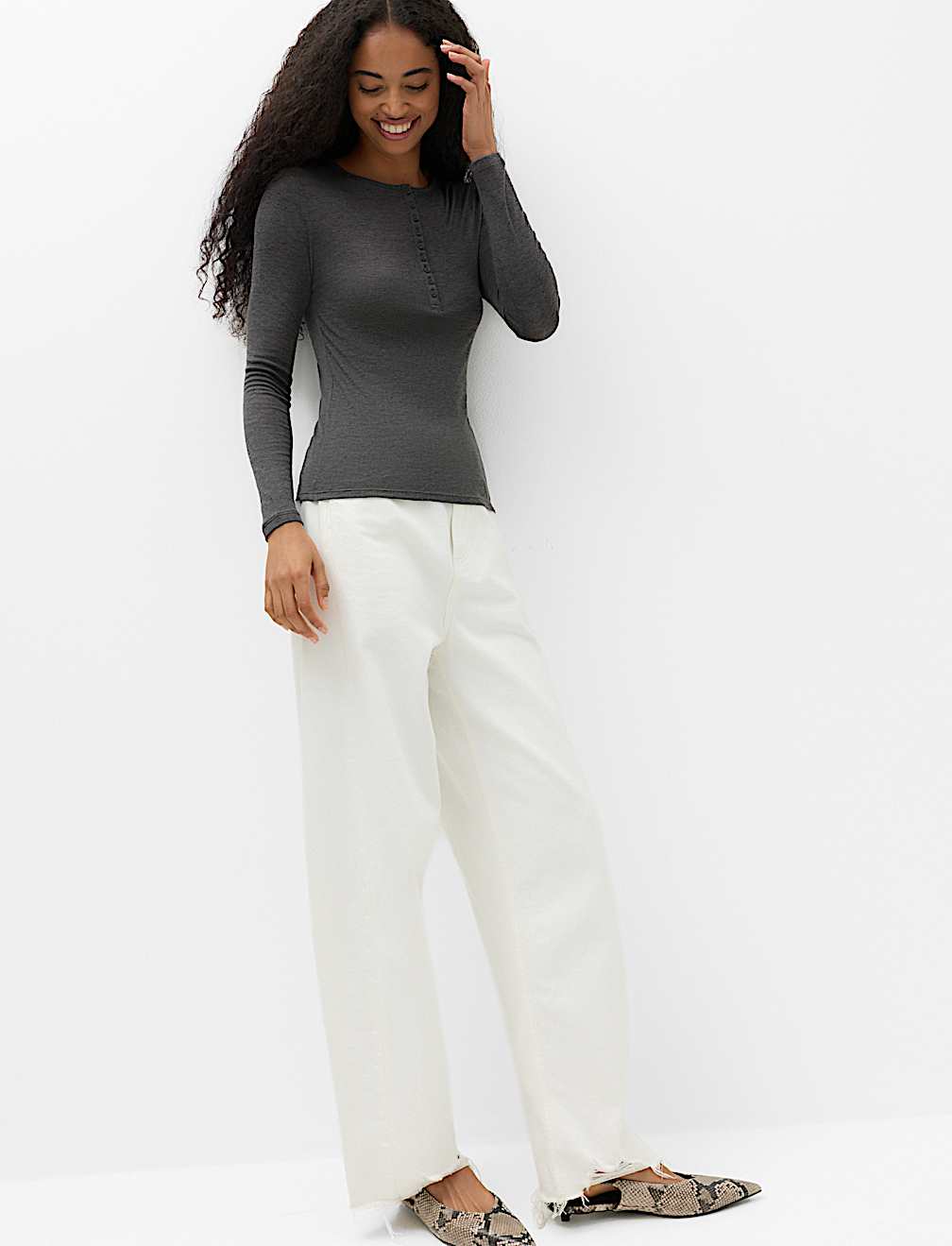 Wool Touch Semi Sheer Layering  Henley Top