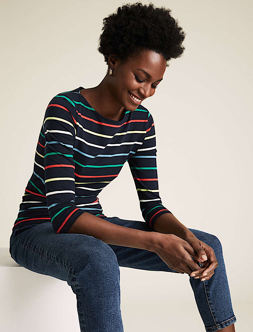 Cotton Striped Slash Neck Fitted Top