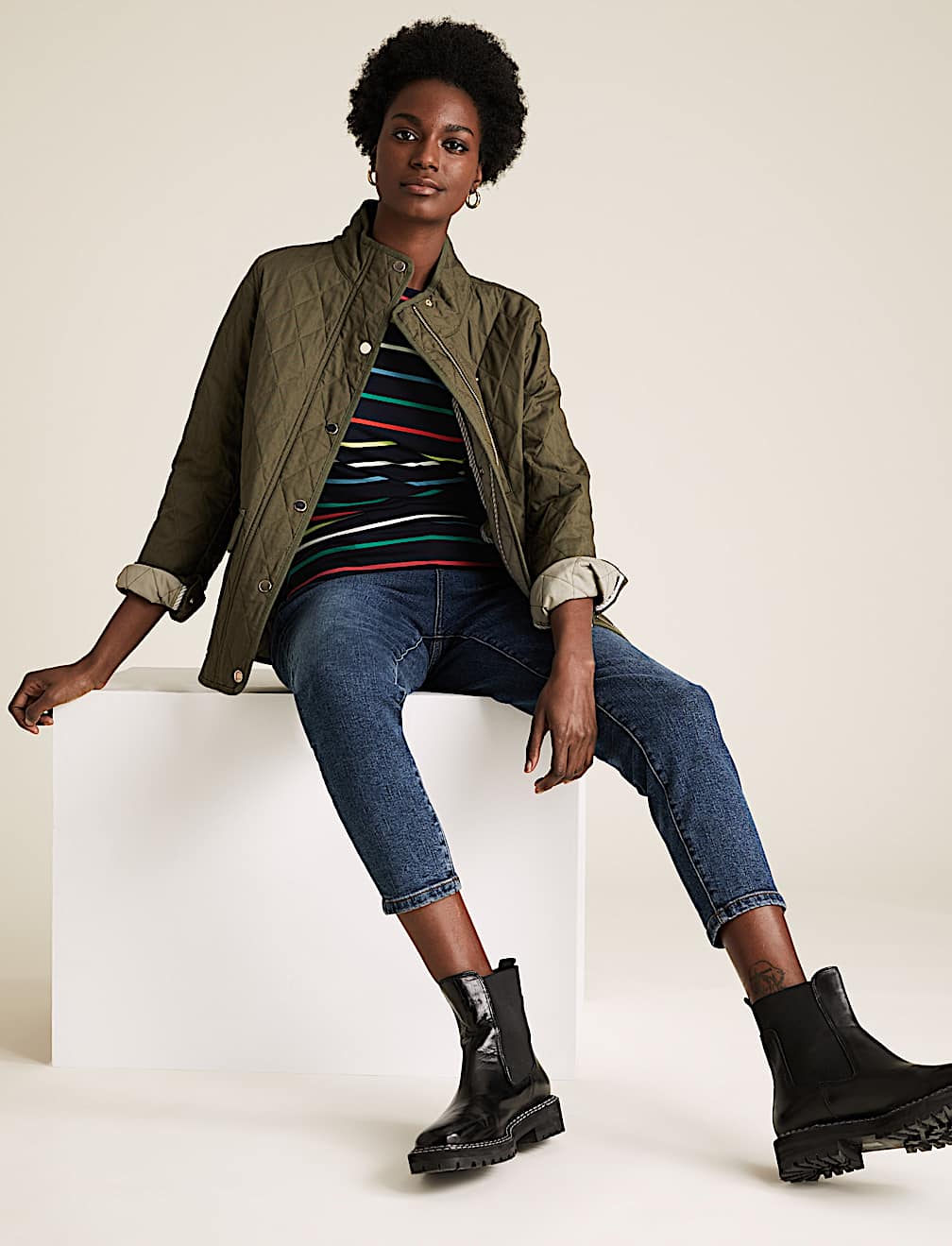 Cotton Striped Slash Neck Fitted Top