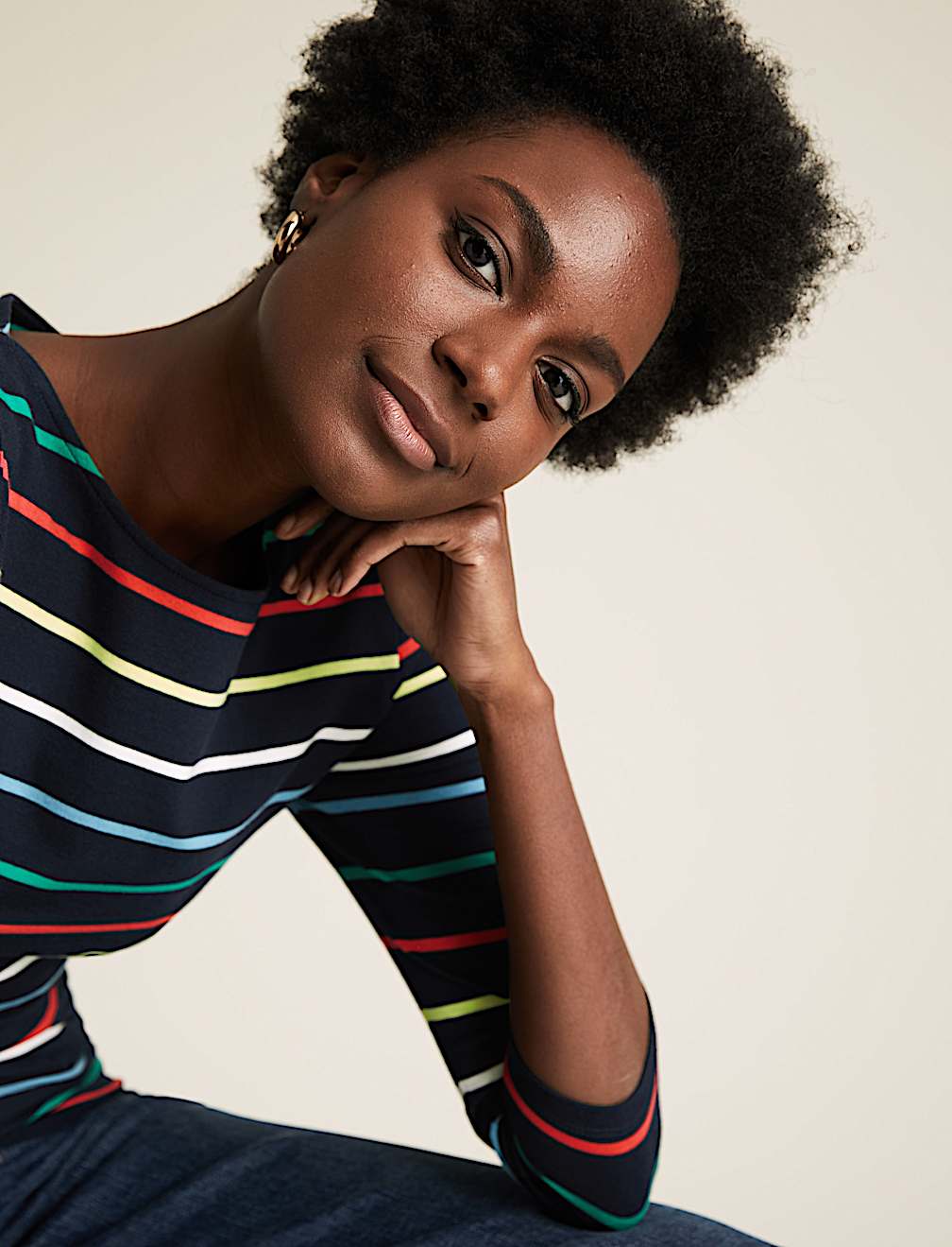 Cotton Striped Slash Neck Fitted Top
