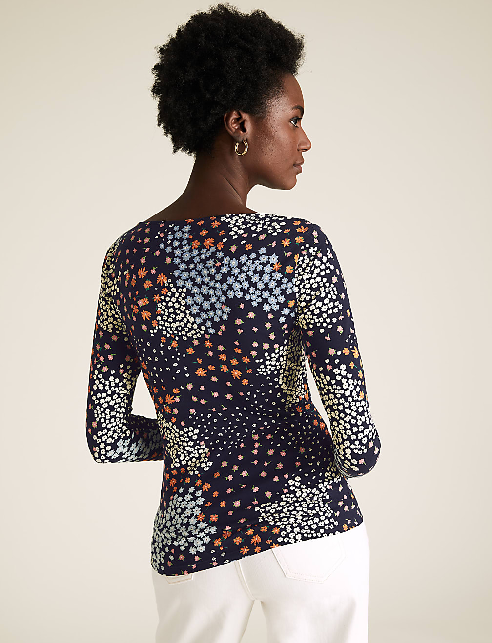 Cotton Floral Slash Neck Fitted Top