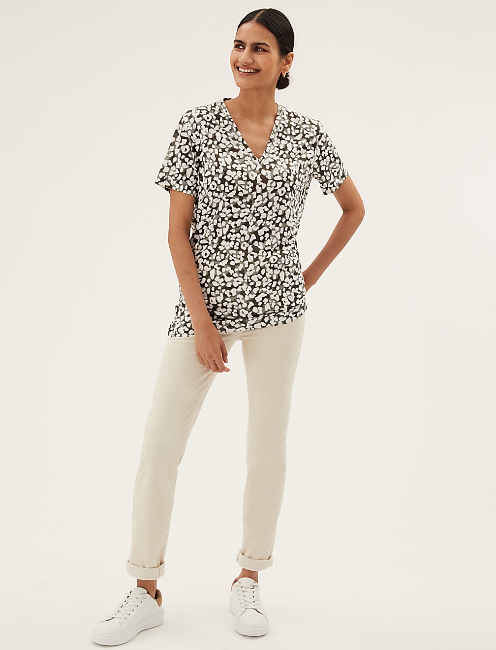 Printed V-Neck Relaxed Longline T-Shirt