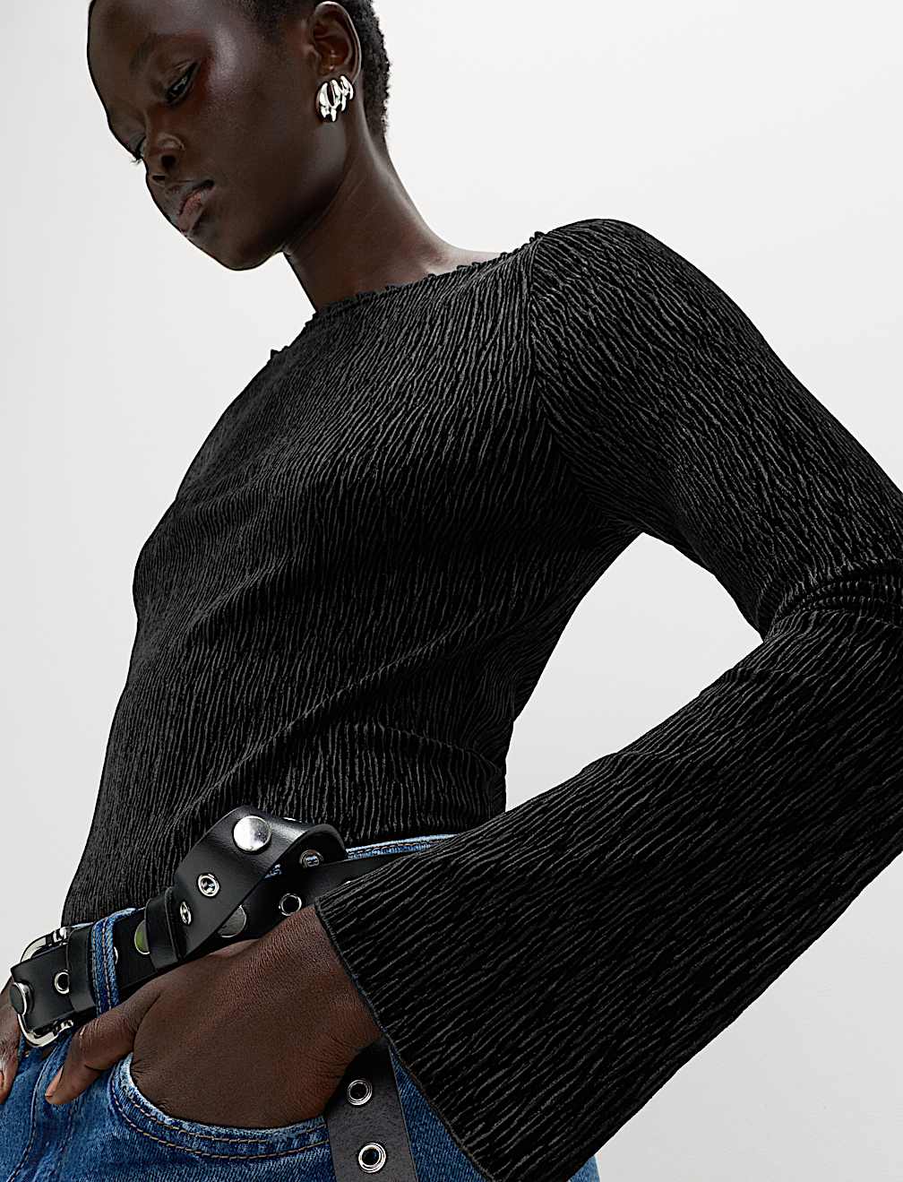 Velvet Smocked Long Sleeve Top