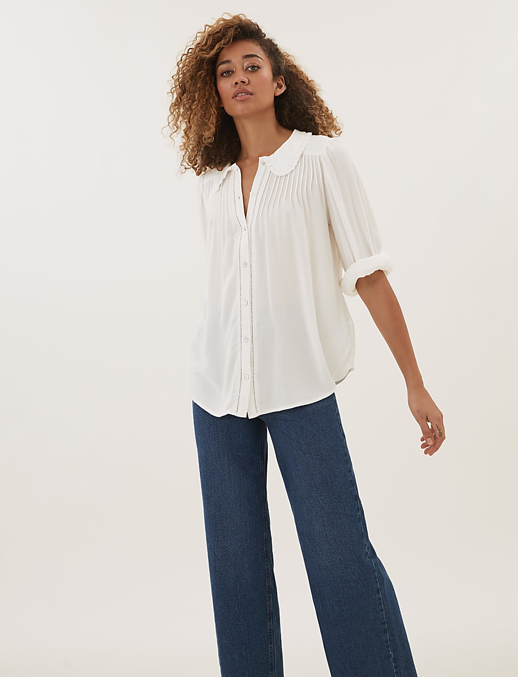 Crepe Peter Pan Collar Pintuck Shirt