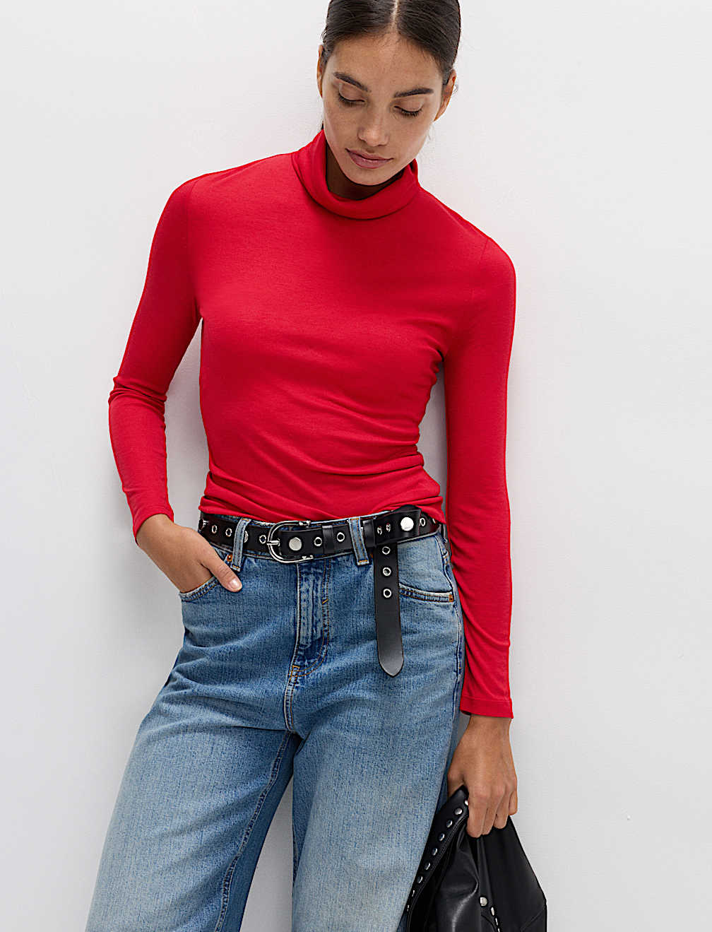 Funnel Neck Long Sleeve Slim Fit Top with Wool