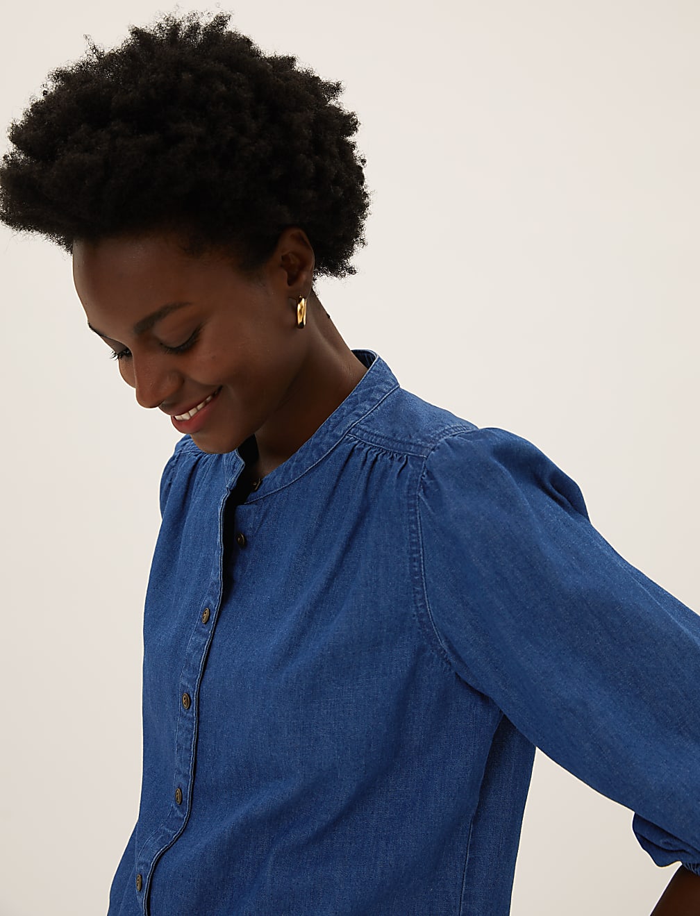 Denim Collarless Puff Sleeve Shirt