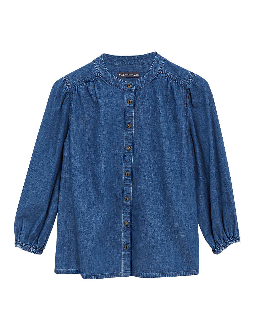 Denim Collarless Puff Sleeve Shirt