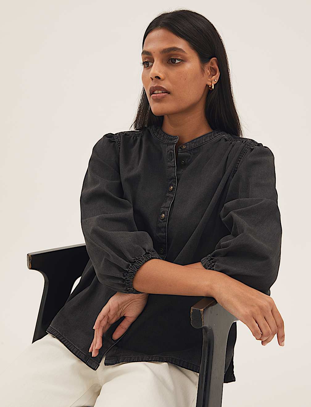 Denim Collarless Puff Sleeve Shirt