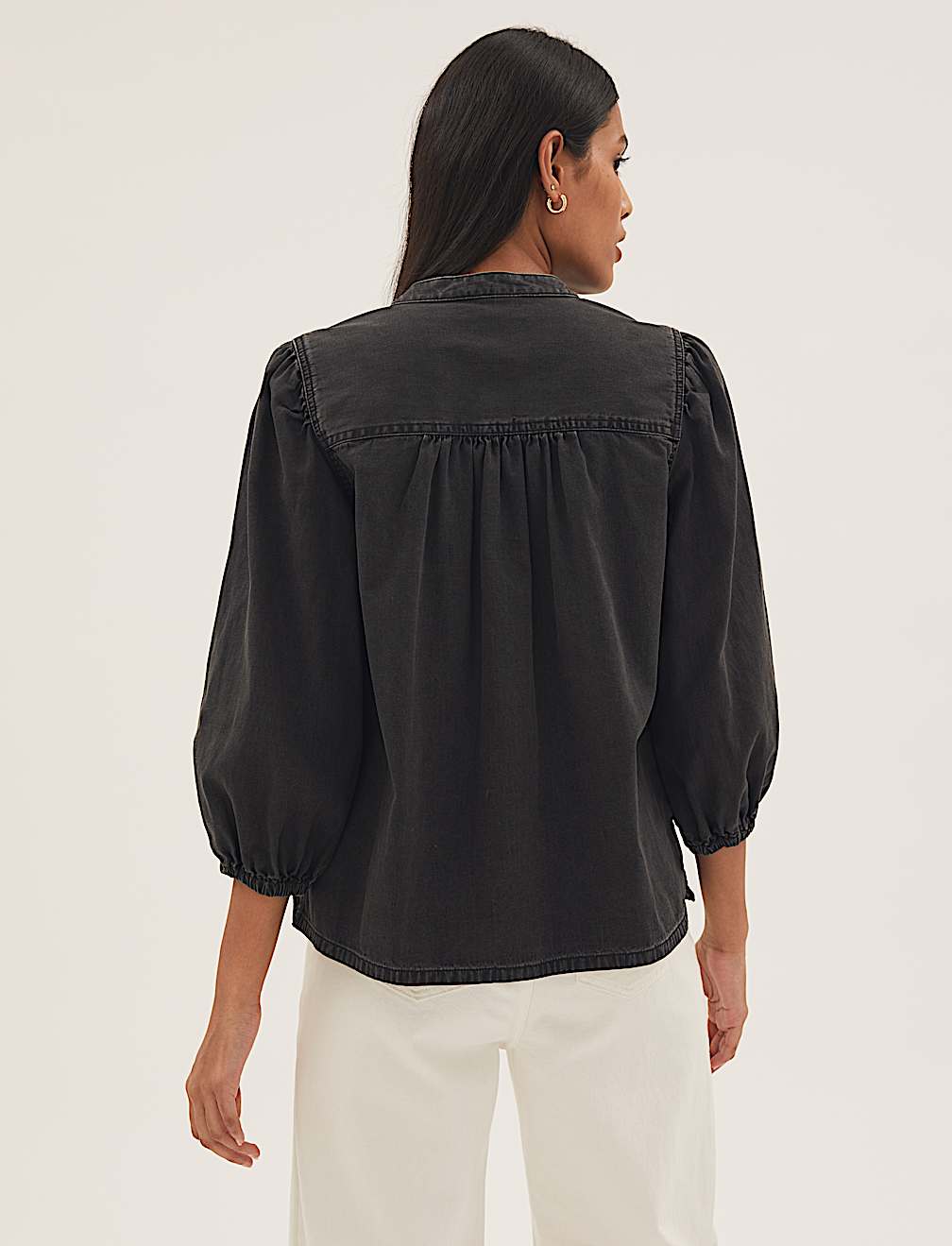 Denim Collarless Puff Sleeve Shirt