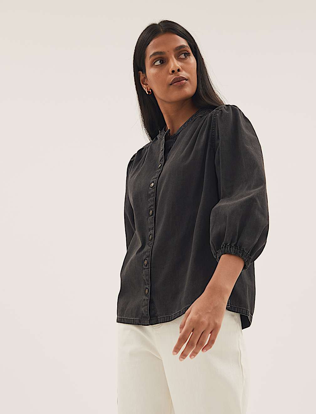 Denim Collarless Puff Sleeve Shirt