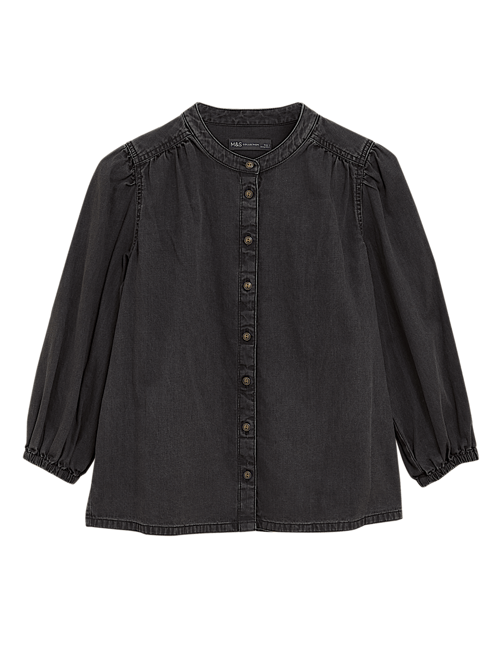 Denim Collarless Puff Sleeve Shirt