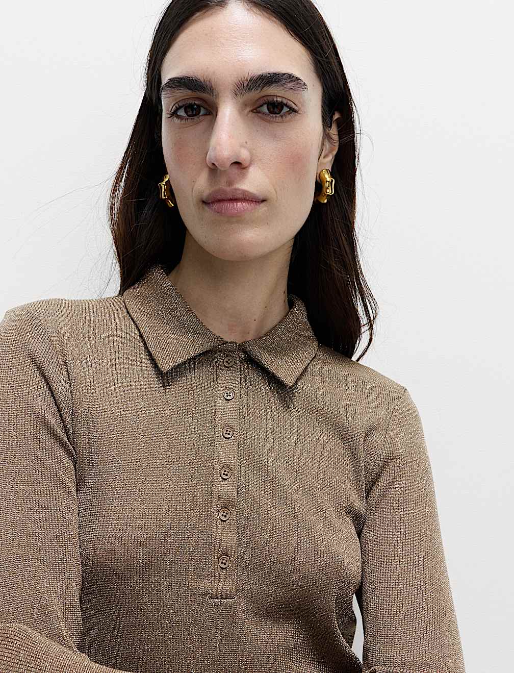 Sparkly Collared Button Detail Long Sleeve Top