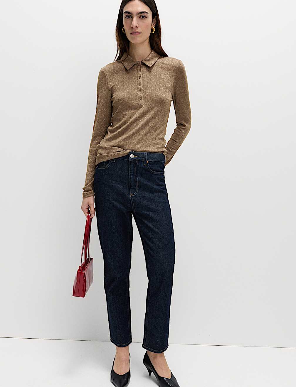 Sparkly Collared Button Detail Long Sleeve Top