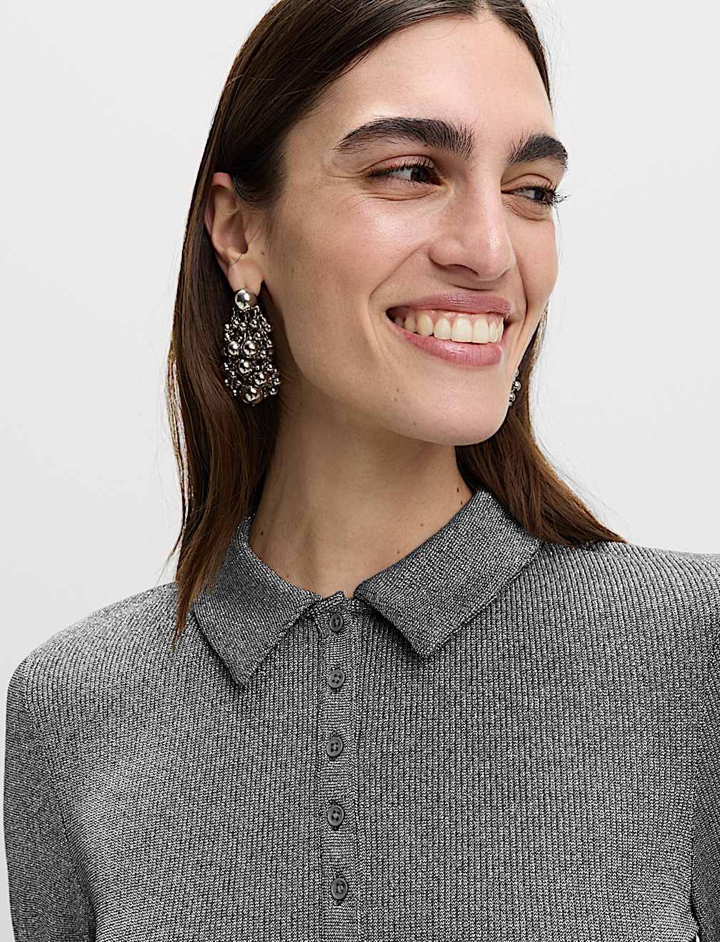 Sparkly Collared Button Detail Long Sleeve Top