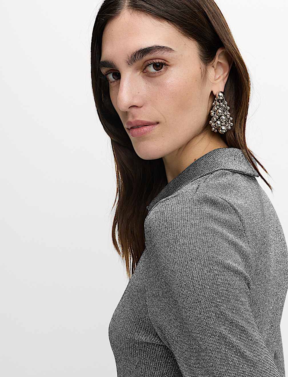 Sparkly Collared Button Detail Long Sleeve Top