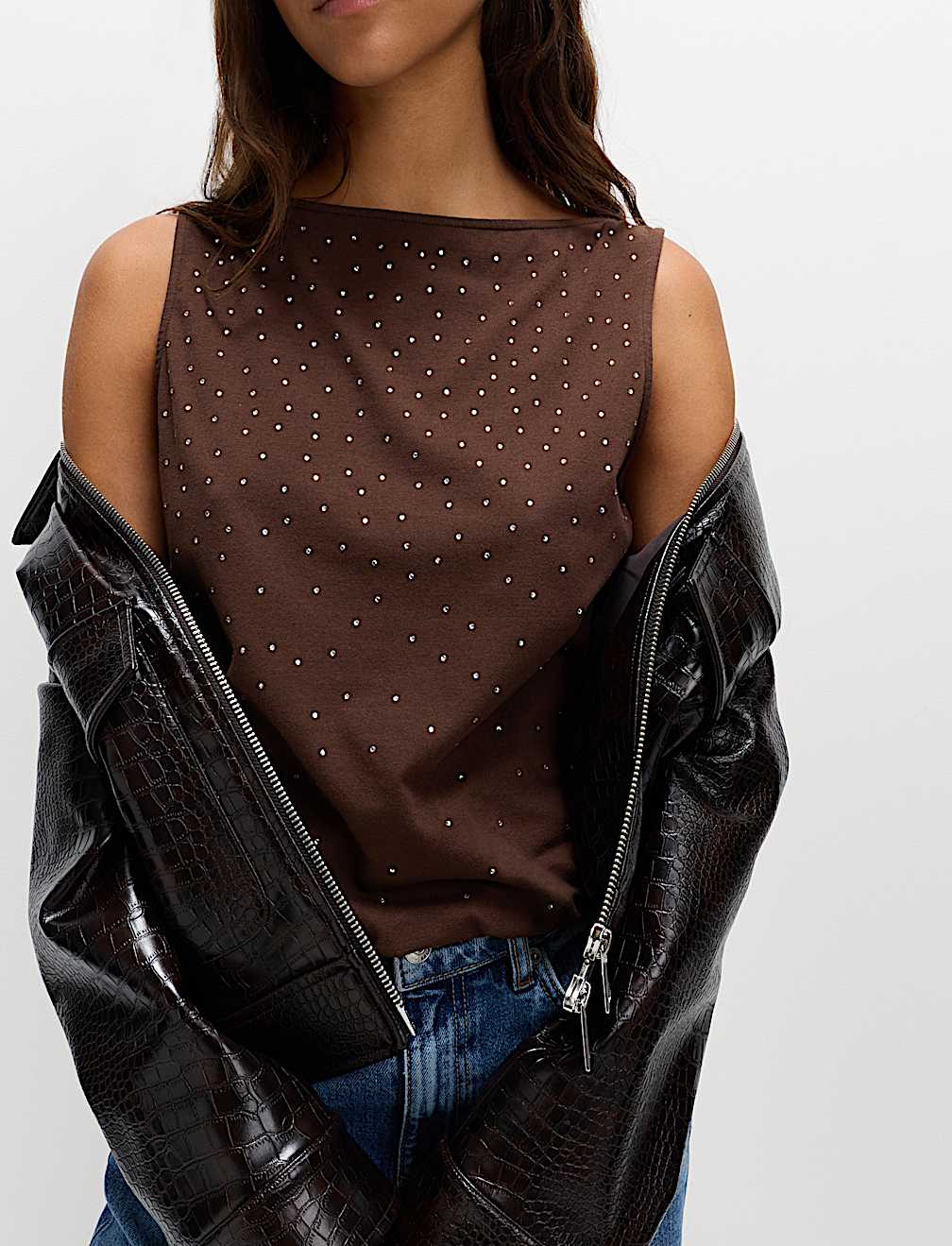 Cotton Rich Embellished Slash Neck Vest