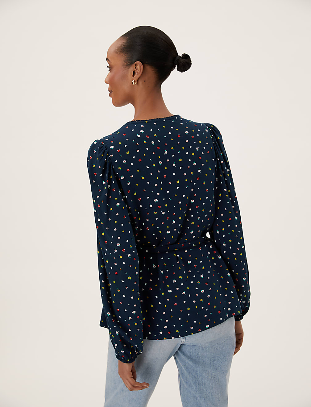 Printed V-Neck Tie Front Blouse