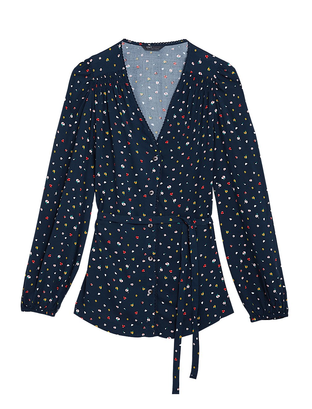 Printed V-Neck Tie Front Blouse