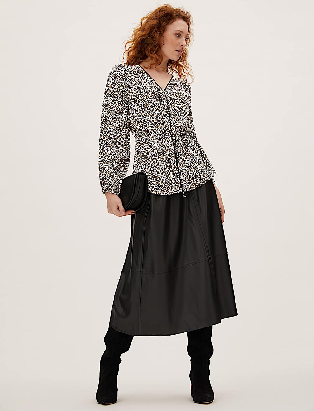 Printed V-Neck Tie Front Blouse