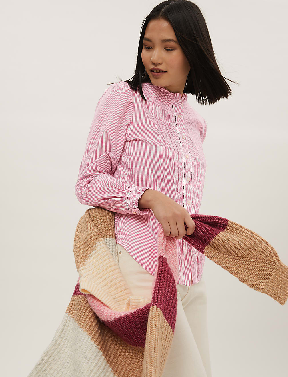 Pure Cotton Striped Pintuck Blouse