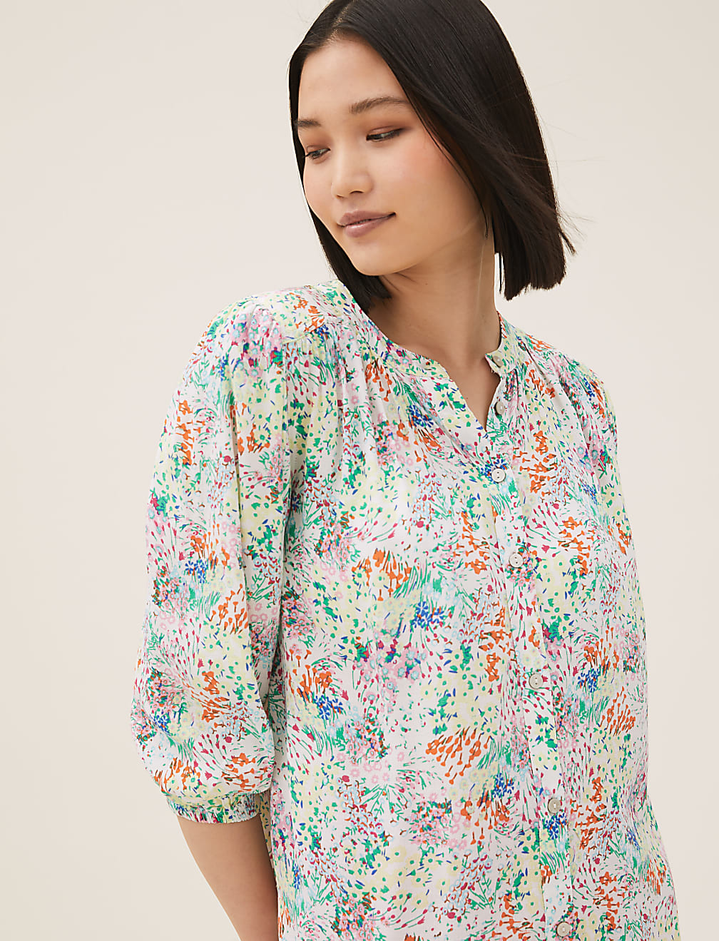 Floral Button Detail 3/4 Sleeve Blouse