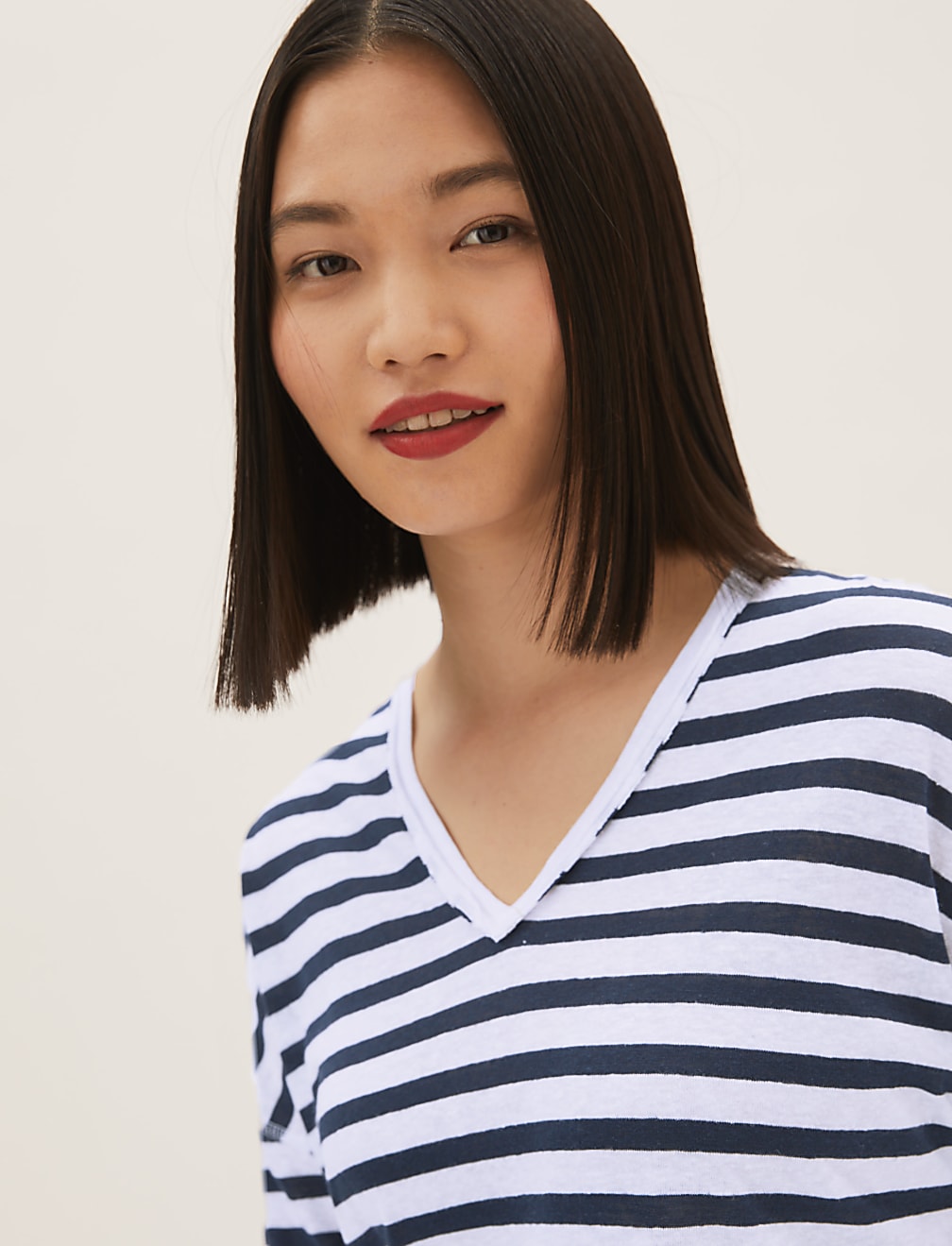 Linen Rich Striped V-Neck Long Sleeve Top