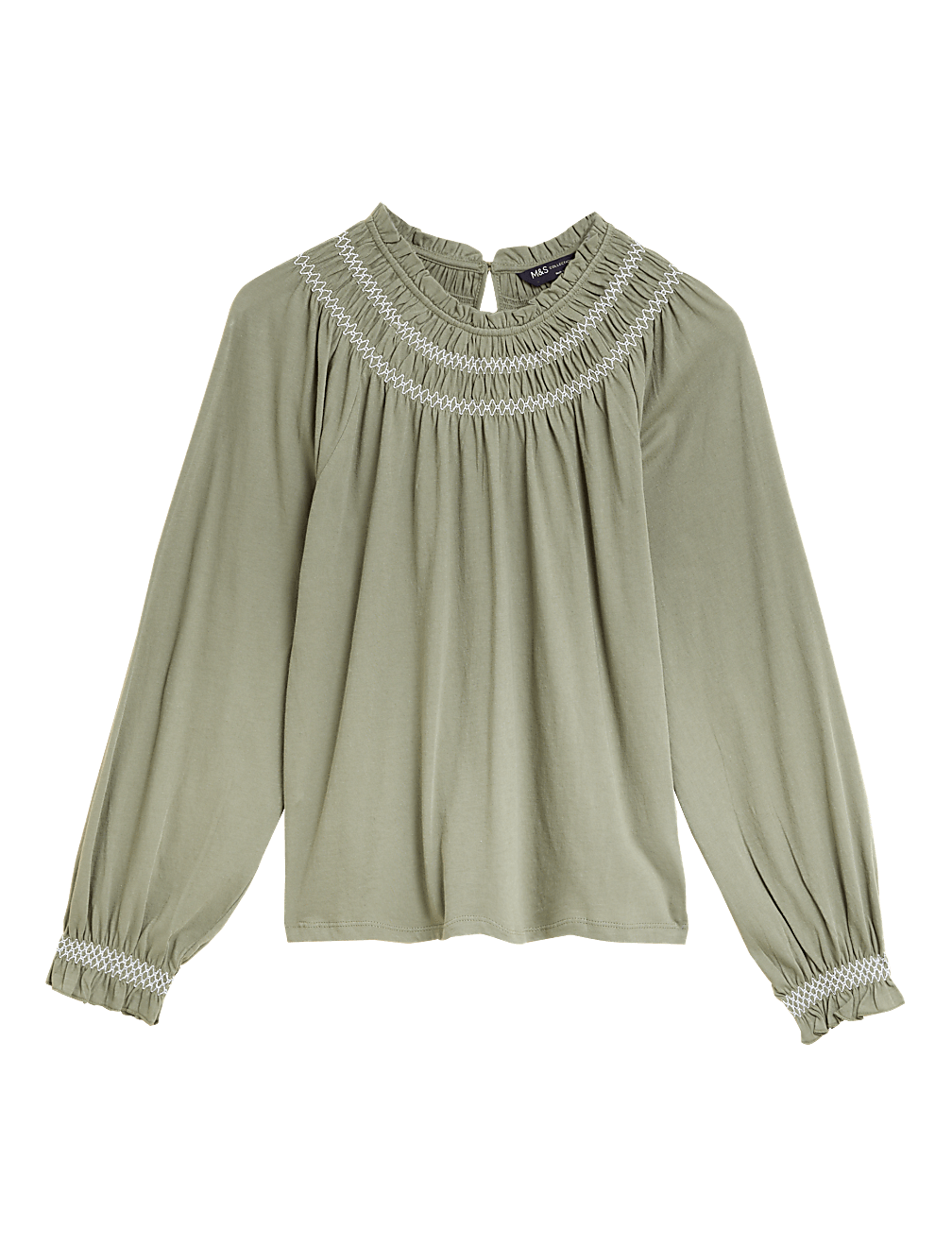 Pure Cotton Smocked Detail Long Sleeve Top