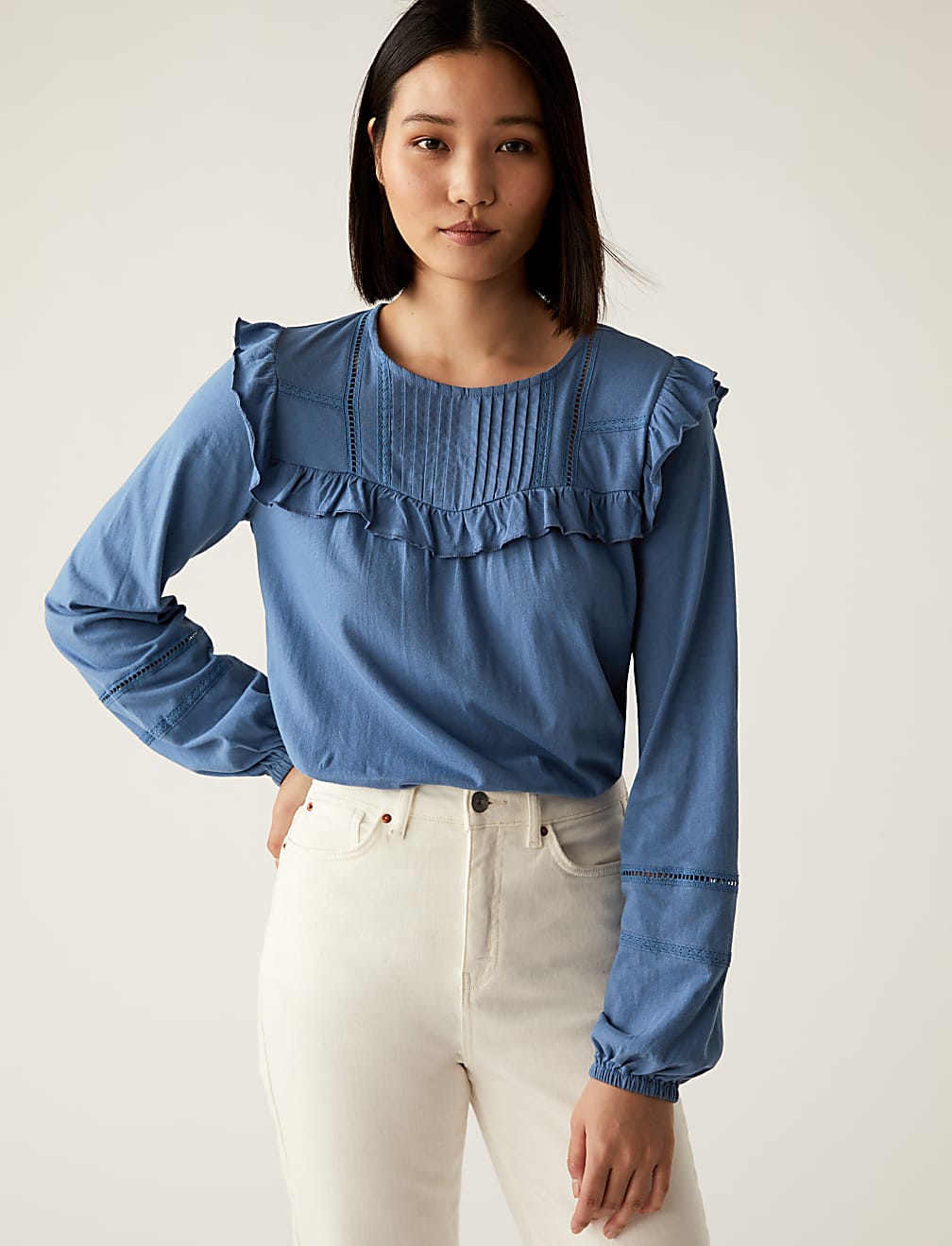 Pure Cotton Pintuck Long Sleeve Top